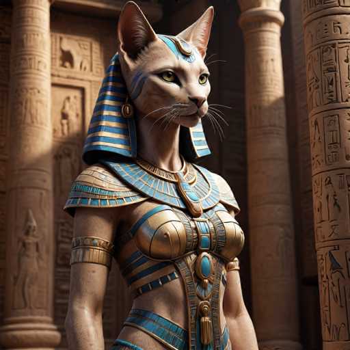 The image depicts an Egyptian goddess with a cat head and body wearing a blue and gold outfit adorned with gold jewelry. The goddess is standing in front of a temple, which features columns and hieroglyphics on the walls.