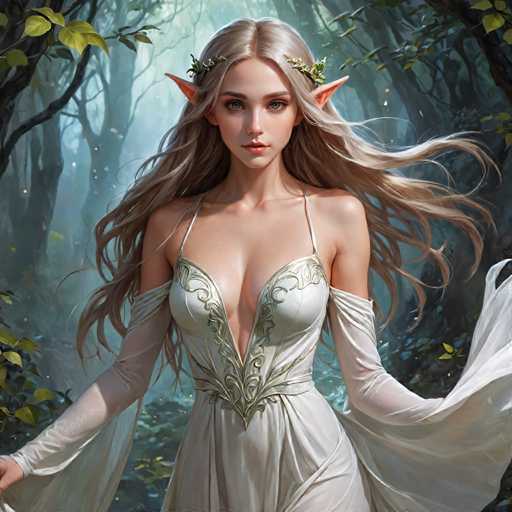 A beautiful young woman with blonde hair and long sleeves is standing in a forest surrounded by trees and bushes. She is wearing a white dress that has intricate designs on it, and she is holding a wreath of leaves in her right hand. The background is dark and filled with foliage, creating an atmosphere of mystery and enchantment.