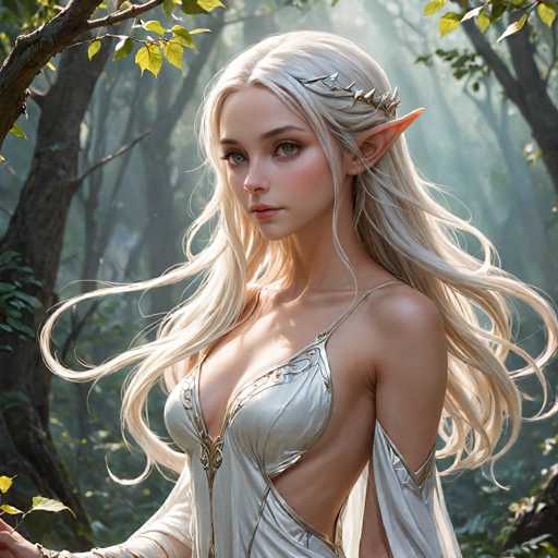 A woman with blonde hair and a white dress is standing in front of trees in a forest. She has a crown on her head and is holding a sword in her right hand.