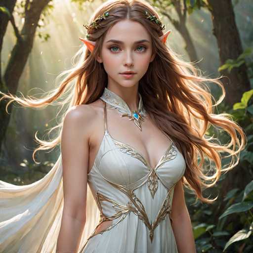 A young woman with long blonde hair is standing in a forest surrounded by trees and foliage. She is wearing a white dress adorned with gold accents that includes a necklace featuring blue gemstones. The woman's gaze is directed towards the camera, creating an engaging visual connection between her and the viewer.