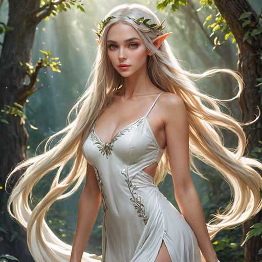 A woman with long blonde hair is standing in a forest surrounded by trees and foliage. She is wearing a white dress adorned with gold embroidery on the bodice and skirt, which features a floral design. The background of the image is dark green, providing a stark contrast to her light-colored attire.