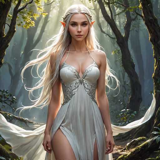 A woman with long blonde hair and a white dress stands in front of trees in a forest, wearing an elegant white gown that flows down to her knees.