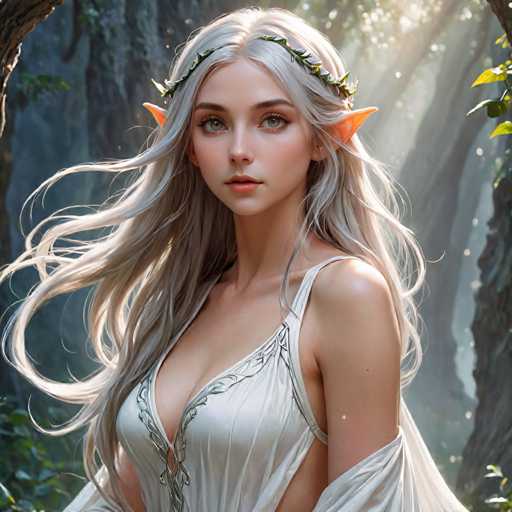 A woman with long blonde hair and a white dress is standing in front of trees in a forest. She has green eyes and a crown on her head that is adorned with leaves. The background features the dense foliage of the forest, creating an immersive and natural setting for the scene.