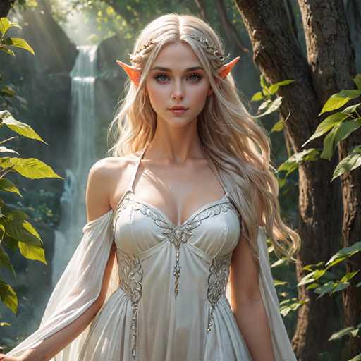 A woman with blonde hair and blue eyes is standing in front of a waterfall surrounded by trees. She is wearing a white dress adorned with gold accents and has a crown on her head.