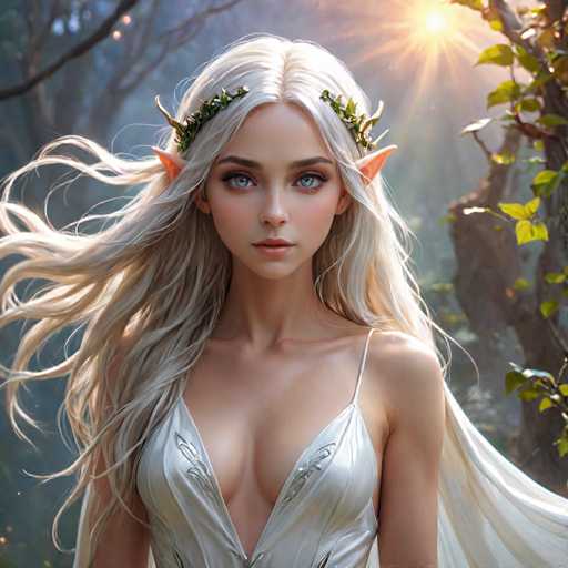 A woman with blonde hair and blue eyes is standing in a forest surrounded by trees and bushes. She is wearing a white dress that has green leaves on it, and she is looking directly at the camera.