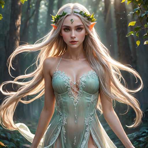 A woman with blonde hair and a green dress stands in a forest surrounded by trees and foliage. She wears a crown on her head and holds a wreath of leaves around her neck.