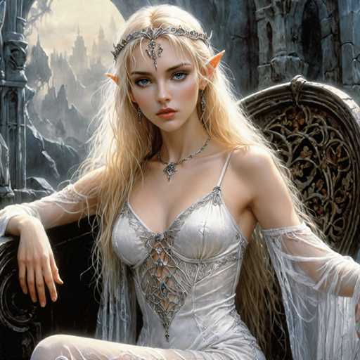 A woman with blonde hair and blue eyes is seated on a throne-like chair, wearing a white dress adorned with intricate silver designs and a crown of jewels. The background features a castle or fortress structure, suggesting the setting could be a medieval or fantasy-themed location.