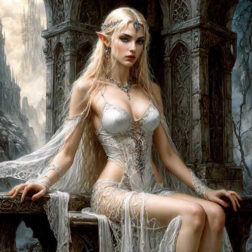 A woman with blonde hair and blue eyes is depicted as a fairy or elf in an ethereal white dress adorned with intricate silver designs. She is seated on a stone bench, her back to the viewer, wearing a crown of jewels that glistens under the light. The background features a castle-like structure with towers reaching towards the sky, surrounded by trees and bushes.