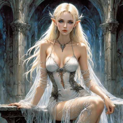 A woman with blonde hair and blue eyes is depicted as a fairy or elf in a white dress adorned with intricate designs. She is seated on a stone bench, which is part of an ornate archway that forms the backdrop for her portrait. The image also includes text elements such as "What", "Who", "Where", "When", and "How".