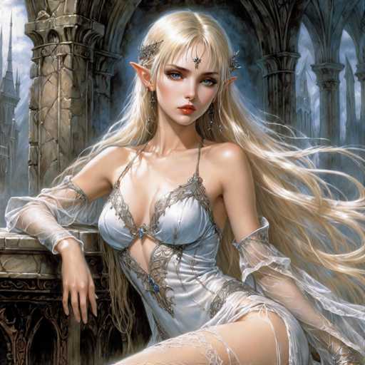 The image depicts a beautiful woman with blonde hair and blue eyes wearing a white dress adorned with silver accents. She is seated on a stone bench or pedestal, which adds an air of elegance to the scene. The background features a castle-like structure, suggesting that this might be a painting or illustration set in a fantasy world. The style of the artwork can be described as realistic and detailed, focusing on the intricate details of the woman's dress and the stone bench she is sitting on.

The artist has captured the woman's pose with great precision, making her appear to be in a moment of rest or contemplation. Her gaze is directed towards something off-camera, adding depth and intrigue to the image. The overall composition of the artwork is balanced and harmonious, with the woman as the central figure against the backdrop of the castle-like structure.