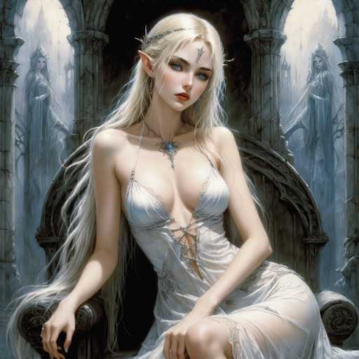 The image depicts a woman with blonde hair and blue eyes seated on a throne-like chair. She is wearing a white dress that contrasts with the dark background of the room. The woman's position on the chair suggests she is in a high-ranking or royal position.