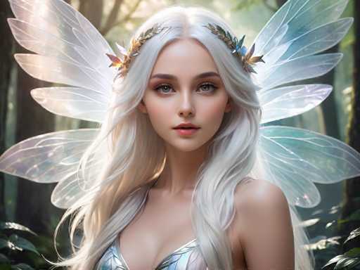 The image shows a woman with blonde hair and blue wings standing against the backdrop of trees. She is wearing a silver dress that matches her wings. The background features a forest setting with tall trees and foliage.