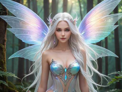 A woman with long blonde hair and blue wings is standing in a forest surrounded by trees and bushes. She is wearing a silver bodysuit adorned with blue jewels that sparkle under the light. The background features a lush green forest filled with trees and bushes.