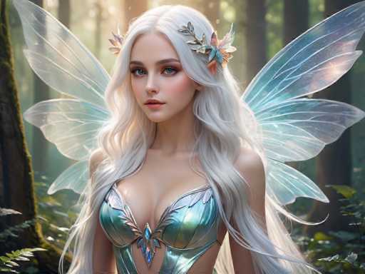 A woman with long blonde hair and blue wings is standing in a forest surrounded by trees and bushes. She is wearing a silver bodysuit adorned with blue jewels that sparkle under the light. The background features a mix of green foliage and brown bark from the trees surrounding her, creating a natural and serene setting for the scene.