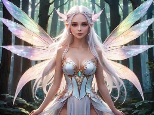 A beautiful white fairy with long blonde hair and wings is standing in a forest surrounded by trees and bushes. She is wearing a blue dress adorned with gold accents and a tiara on her head. The background of the image is dark green, providing a stark contrast to the fairy's white features.