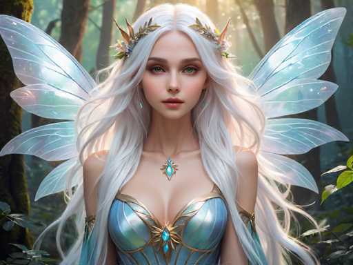 A beautiful young woman with long blonde hair and blue wings is the main subject of this digital illustration. She is adorned with a gold necklace and a tiara that sparkles under the light. The background features lush green trees and foliage, creating a serene forest setting for her to stand in.