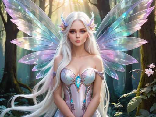 A beautiful white fairy with long blonde hair and wings is standing in a forest surrounded by trees and plants. The fairy has a blue gemstone on her forehead and is wearing a pink dress adorned with blue jewels.