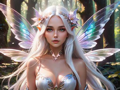 A beautiful white fairy with long blonde hair and blue eyes is standing against a backdrop of trees and bushes. She is wearing a silver bodysuit adorned with gold accents and a crown on her head. The fairy's wings are spread wide open, adding to the magical atmosphere of the scene.