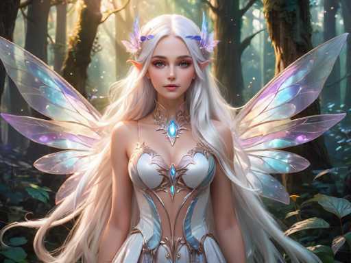 A beautiful white fairy with long blonde hair and wings adorned with blue and purple gemstones stands in a forest setting, wearing a white dress with gold accents and a crown of flowers on her head.