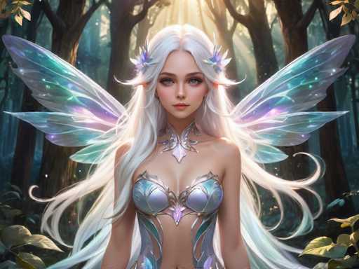 A beautiful white fairy with long blonde hair and blue wings is standing in a forest surrounded by trees and bushes. The fairy has a silver bodysuit adorned with intricate designs and a crown on her head.