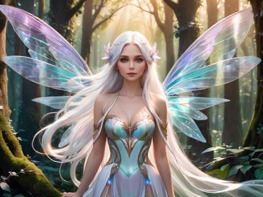 A beautiful white fairy with long blonde hair is standing in a forest surrounded by trees and plants. The fairy is wearing a blue dress adorned with gold accents and has wings that match the color of her dress. She is looking directly at the camera with an air of confidence.