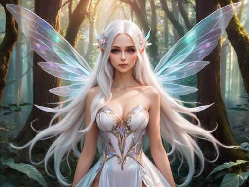 A beautiful white fairy with long blonde hair and wings is standing in a forest surrounded by trees and plants. The fairy is wearing a white dress adorned with gold accents and has blue wings that match the color of her eyes.