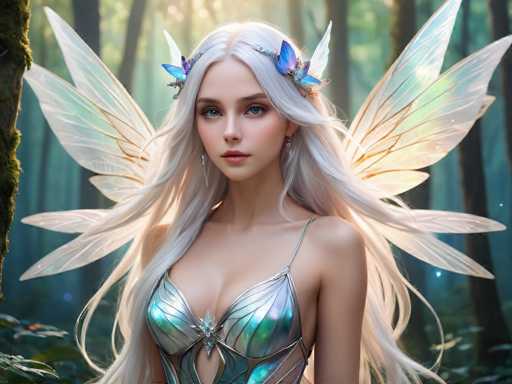 A woman with long blonde hair and blue wings is standing against a backdrop of trees and foliage. She is wearing a silver bodysuit that has a cutout on the front for wings. The background features a forest filled with trees and bushes.