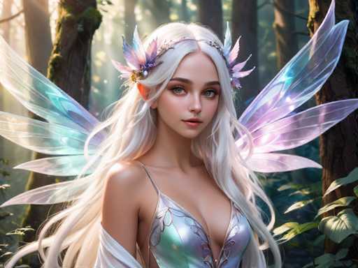 A beautiful young woman with long blonde hair is the main subject of this digital illustration. She is adorned with a crown on her head and a tiara made up of feathers that adds to her regal appearance. The background features trees and foliage, creating an enchanting forest setting for the scene.