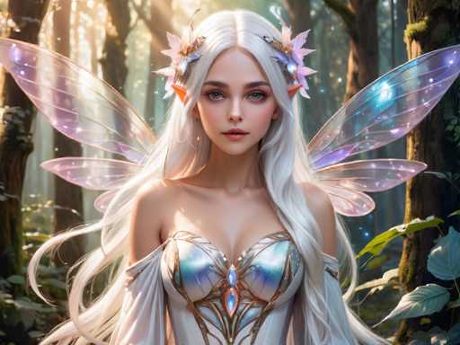 A beautiful white fairy with long blonde hair and wings adorned with blue and purple flowers stands in a forest surrounded by trees and foliage. The fairy is wearing a silver bodysuit with intricate designs on the chest and back, and a gold headpiece that matches her wings.