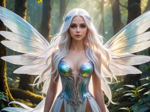 A woman with long blonde hair and wings is standing in a forest surrounded by trees and plants. She is wearing a blue and silver dress that has a wing design on the back. The background of the image is dark green, providing a contrast to her white hair and the blue and silver color scheme of her dress.