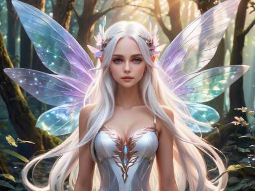 A beautiful young woman with long blonde hair and blue wings is standing in a forest surrounded by trees and flowers. She is wearing a white dress adorned with gold accents and has a crown on her head. The background features a mix of green foliage and purple flowers, creating a serene and enchanting atmosphere.