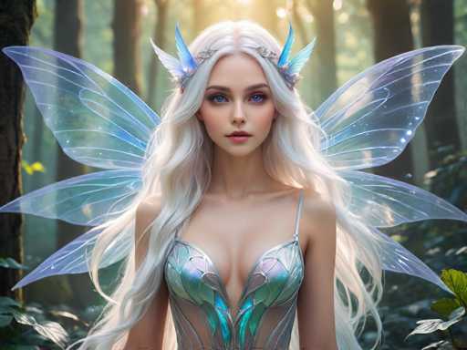 A woman with long blonde hair is standing in a forest surrounded by trees and plants. She is wearing a silver dress that has blue wings on the sides, giving her an ethereal appearance. The background of the image is blurred, drawing focus to the woman as the main subject.