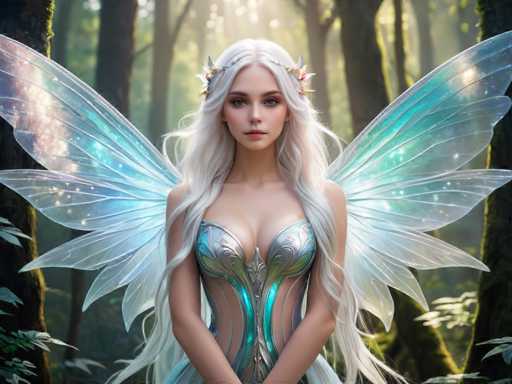 A woman with long blonde hair and blue wings stands in a forest surrounded by trees and foliage. She is wearing a silver bodysuit that has intricate designs on it. The background of the image is dark green, providing a contrast to her light-colored appearance.