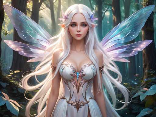 A beautiful white fairy with long blonde hair and blue wings is standing in a forest surrounded by trees and bushes. The fairy has a crown on her head and is wearing a white dress adorned with gold accents.