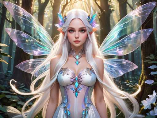 A beautiful white fairy with long blonde hair and blue wings is standing in a forest surrounded by trees and flowers. The fairy has a necklace made of blue gemstones around her neck and a tiara on her head.