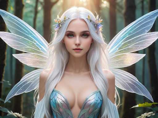 A beautiful young woman with long blonde hair and blue wings is standing against a backdrop of trees and foliage. She is wearing a blue dress adorned with silver wings that match the color of her wings. The background features a forest filled with green trees and bushes, creating a serene and enchanting atmosphere.