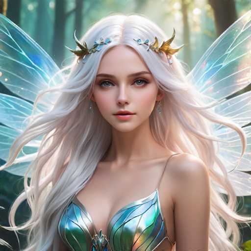 A woman with long blonde hair is wearing a silver and blue dress that has wings on the back. She is looking directly at the camera with an expression of curiosity or interest. The background features trees and foliage in various shades of green, creating a natural setting for the scene.