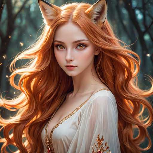 A woman with long red hair is the main subject of this digital illustration. She has striking red hair that cascades down her shoulders and neck, giving her a fiery appearance. The background features a forest filled with trees, providing a natural setting for the scene. The artist's style can be described as realistic, capturing the intricate details of the woman's face and the surrounding environment.