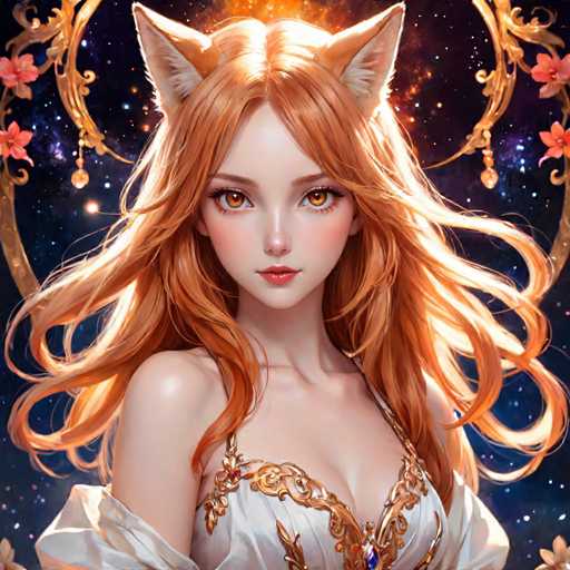 The image depicts a woman with long, flowing hair and striking red eyes. She is wearing a white dress adorned with gold accents and has her hair styled in loose waves. The background features a dark blue sky filled with stars, creating an ethereal atmosphere around the woman.