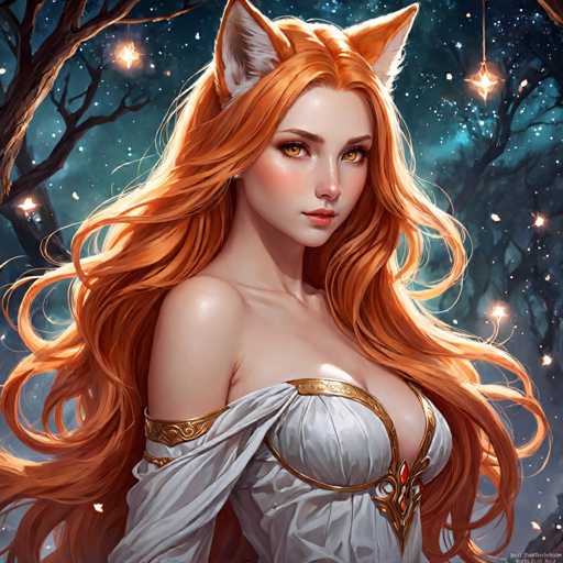 The image depicts a woman with long red hair and striking orange eyes wearing a white dress adorned with gold accents. The background features a dark blue sky filled with stars, creating an ethereal atmosphere.