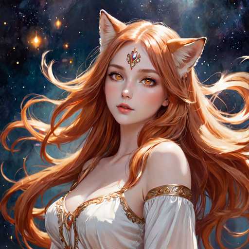 A woman with long red hair and a white dress is the central figure in this digital illustration. She has striking blue eyes that add depth to her appearance. The background of the image features a starry night sky filled with numerous stars, creating an ethereal atmosphere around the woman.