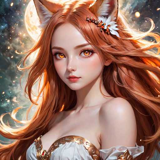 A woman with long red hair and a white flower on her head is the central figure in this digital illustration. She is wearing a white dress that has gold accents around the neckline and skirt. The background features a dark blue sky filled with stars, creating an ethereal atmosphere.