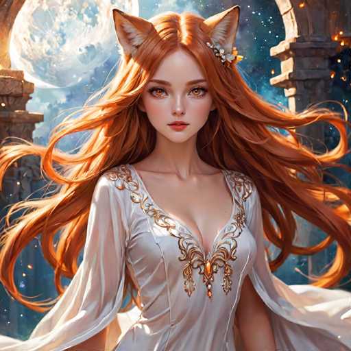 A woman with long red hair is the central figure in this digital illustration. She is depicted wearing a white dress adorned with gold accents and has her hair styled in loose waves. The background features an archway leading to a large moonlit sky, creating a sense of depth and mystery.