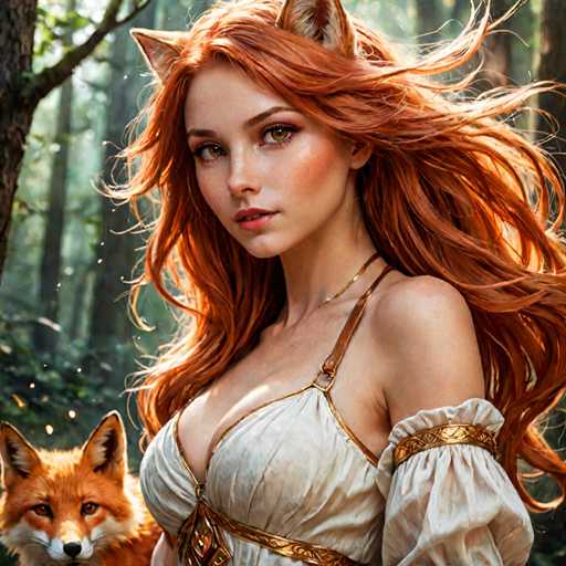 A woman with red hair and gold earrings is standing next to a fox in the woods.