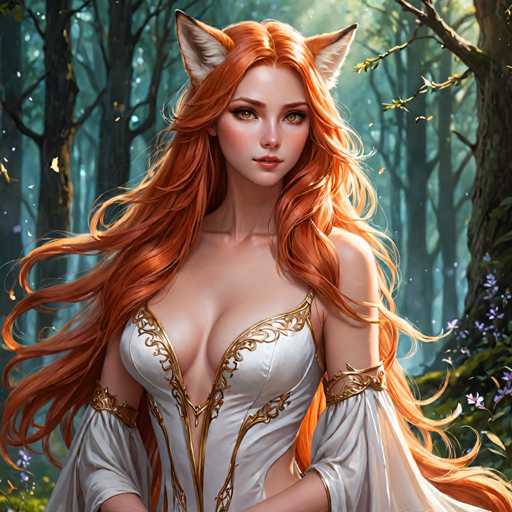 A woman with long red hair and a white dress stands in front of trees in a forest, wearing a gold headdress and earrings.