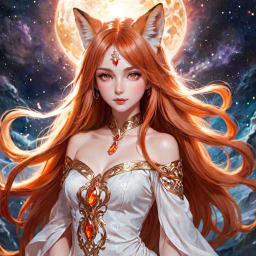 A beautiful red-haired girl with long hair is the main subject of this digital illustration. She is wearing a white dress adorned with gold accents and has a necklace featuring a large gemstone at the center of her neck. The background features a night sky filled with stars and a full moon, creating an ethereal atmosphere around the girl.