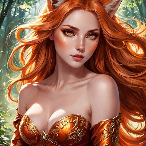 The image depicts a woman with long red hair and freckles wearing an orange dress adorned with gold accents. The background is a forest filled with trees and foliage, creating a natural and serene setting for the woman's portrait.