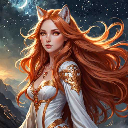 A woman with long red hair and striking green eyes is the central figure in this digital illustration. She is adorned in a white dress that features intricate gold designs on the bodice and sleeves. The background of the image depicts a night sky filled with stars, creating an ethereal atmosphere around her.