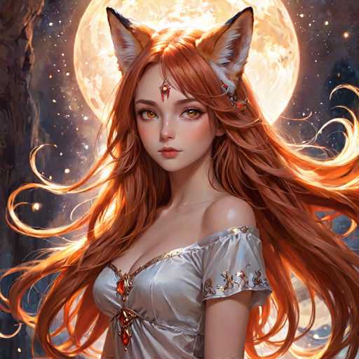 A young girl with long red hair is the main subject of this digital illustration. She has a radiant smile and her eyes sparkle with joy as she gazes directly into the camera. The background features a large full moon that casts an ethereal glow over the scene. The girl's dress is white, adorned with gold accents, adding to the overall elegance of the image.