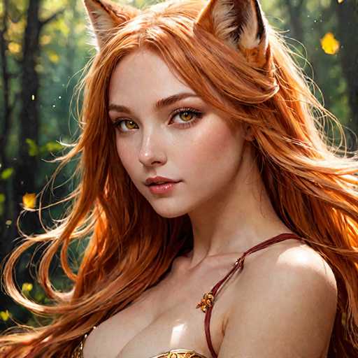 A woman with long red hair and striking green eyes is the central figure in this image. She has a unique style that combines elements of fantasy and realism. The background features a forest setting with trees and leaves, creating an immersive environment for the viewer.